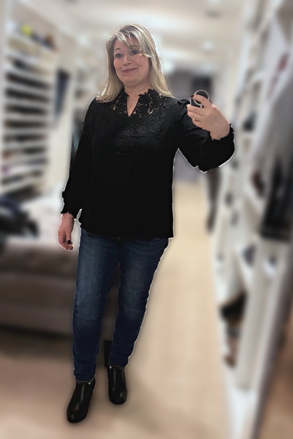 Black Lace V-Neck Top + Ankle Boots