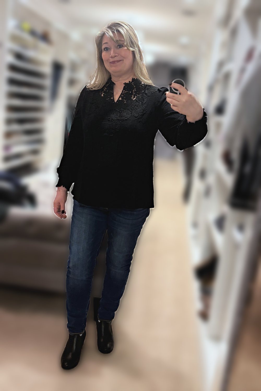 Black Lace V-Neck Top + Ankle Boots, worn by ThriftyChicMom