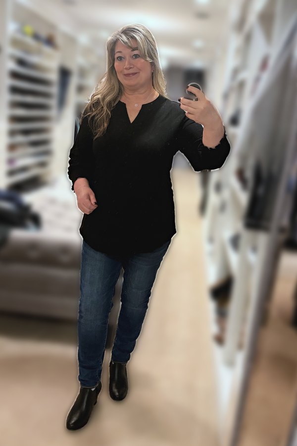 Black Ruffle-Cuff Tunic + Ankle Boots