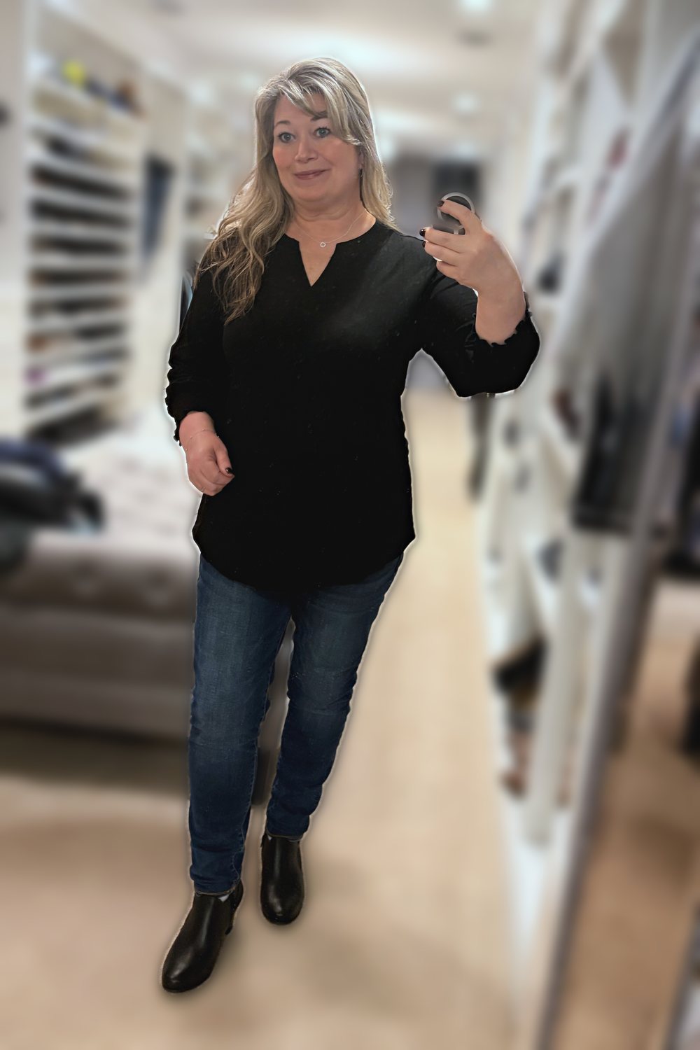 Black Ruffle-Cuff Tunic + Ankle Boots, worn by ThriftyChicMom