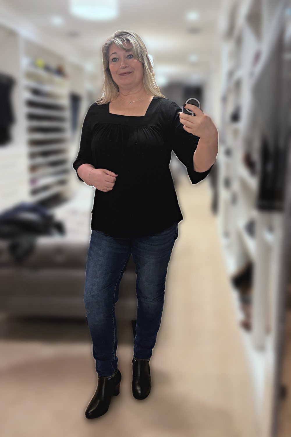 Black Square-Neck Top + Ankle Boots, worn by ThriftyChicMom