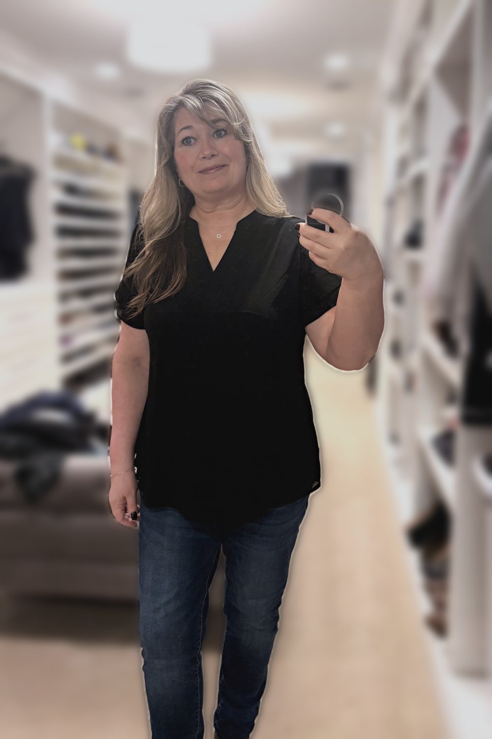 Black V-Neck Top + Dainty Jewelry, worn by ThriftyChicMom