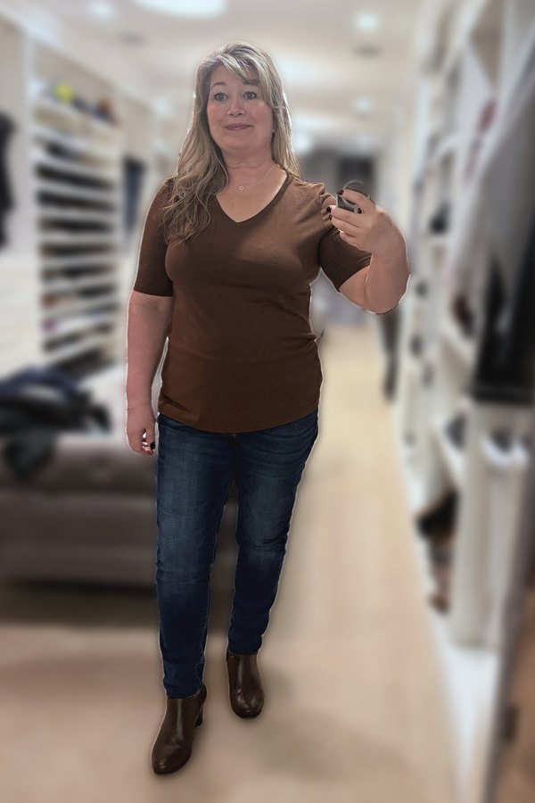 Brown V-Neck Tee + Brown Ankle Boots