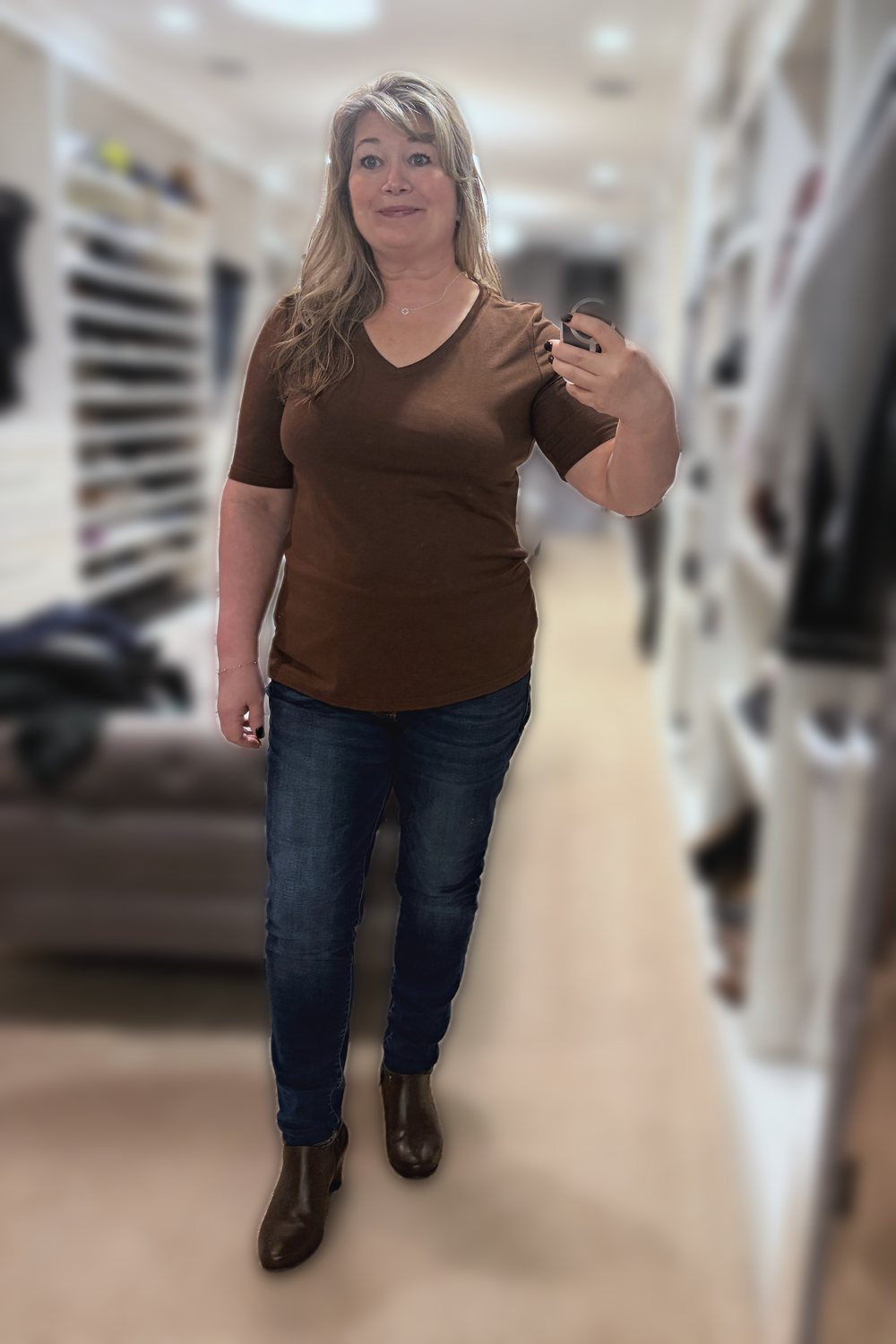 Brown V-Neck Tee + Brown Ankle Boots, worn by ThriftyChicMom