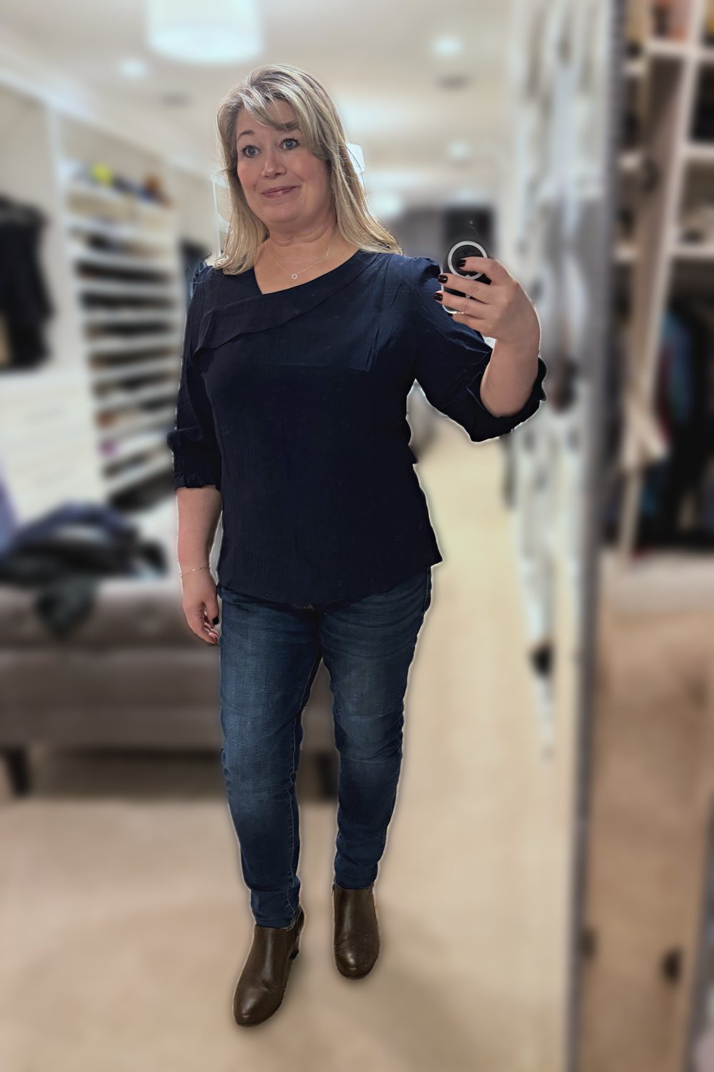 Navy Smocked-Cuff Blouse + Brown Ankle Boots, worn by ThriftyChicMom